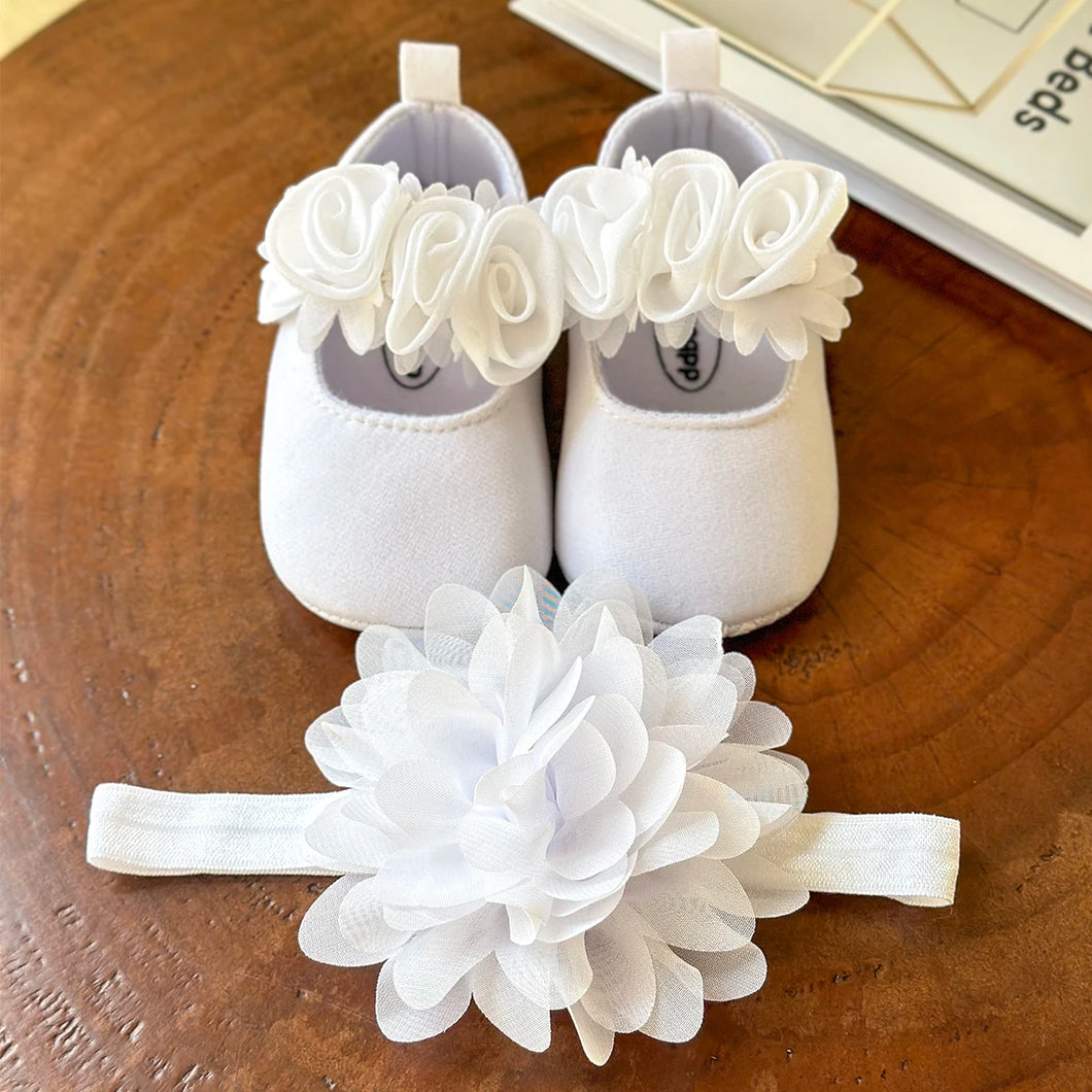 Chausson de Baptême ou de Cérémonie et Son Bandeau Floral - 0 au 18 mois - 2 Nuances Blanc ou Ivoire