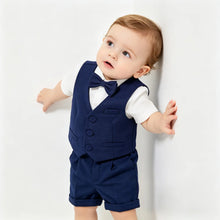 Charger l'image dans la galerie, Costume 3 pièces Chemise Gilet et Short Bretelles - ERWAN Marine - Collection Elégance - 6 mois au 4 ans

