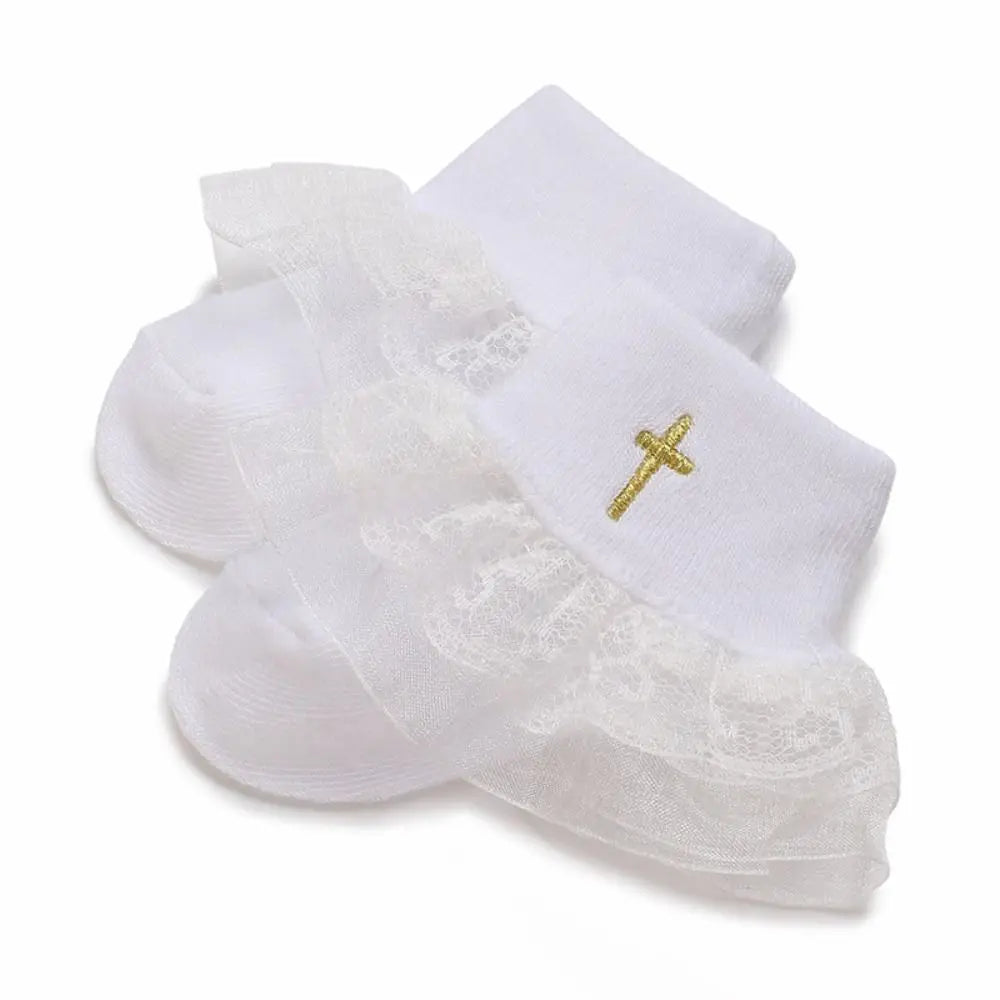 Chaussettes De Baptême Blanches Avec Croix Et Dentelle - Taille 1-2 Ans - Neuf Avec étiquettes Tip Top