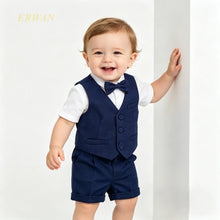Charger l'image dans la galerie, Costume 3 pièces Chemise Gilet et Short Bretelles - ERWAN Marine - Collection Elégance - 6 mois au 4 ans
