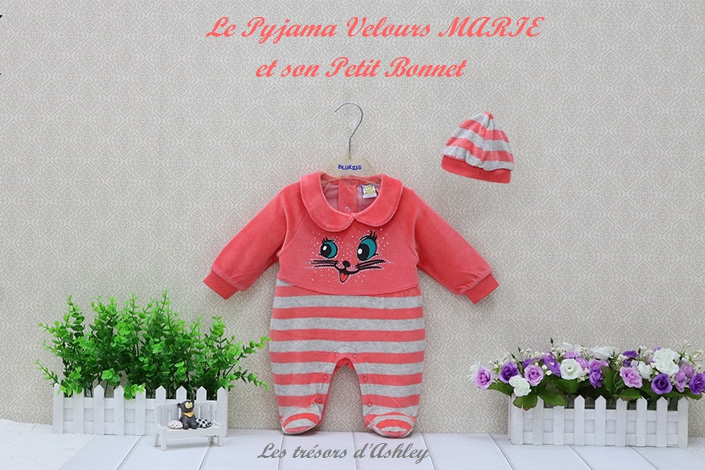 Pyjama Velours MARIE et son Petit Bonnet - 3 mois au 12 mois