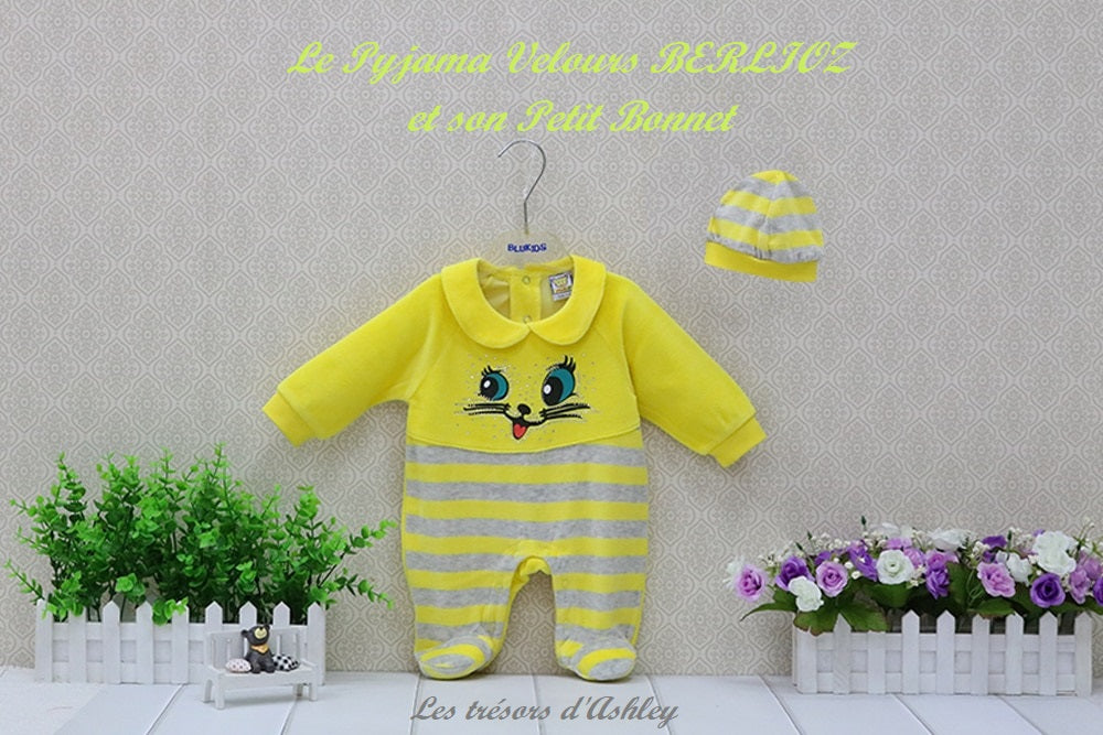 Pyjama Velours BERLIOZ et son Petit Bonnet - 3 mois au 12 mois
